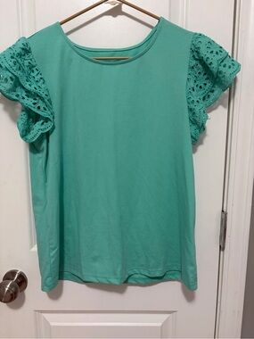 Women’s Teal Eyelet Flutter Sleeve Top